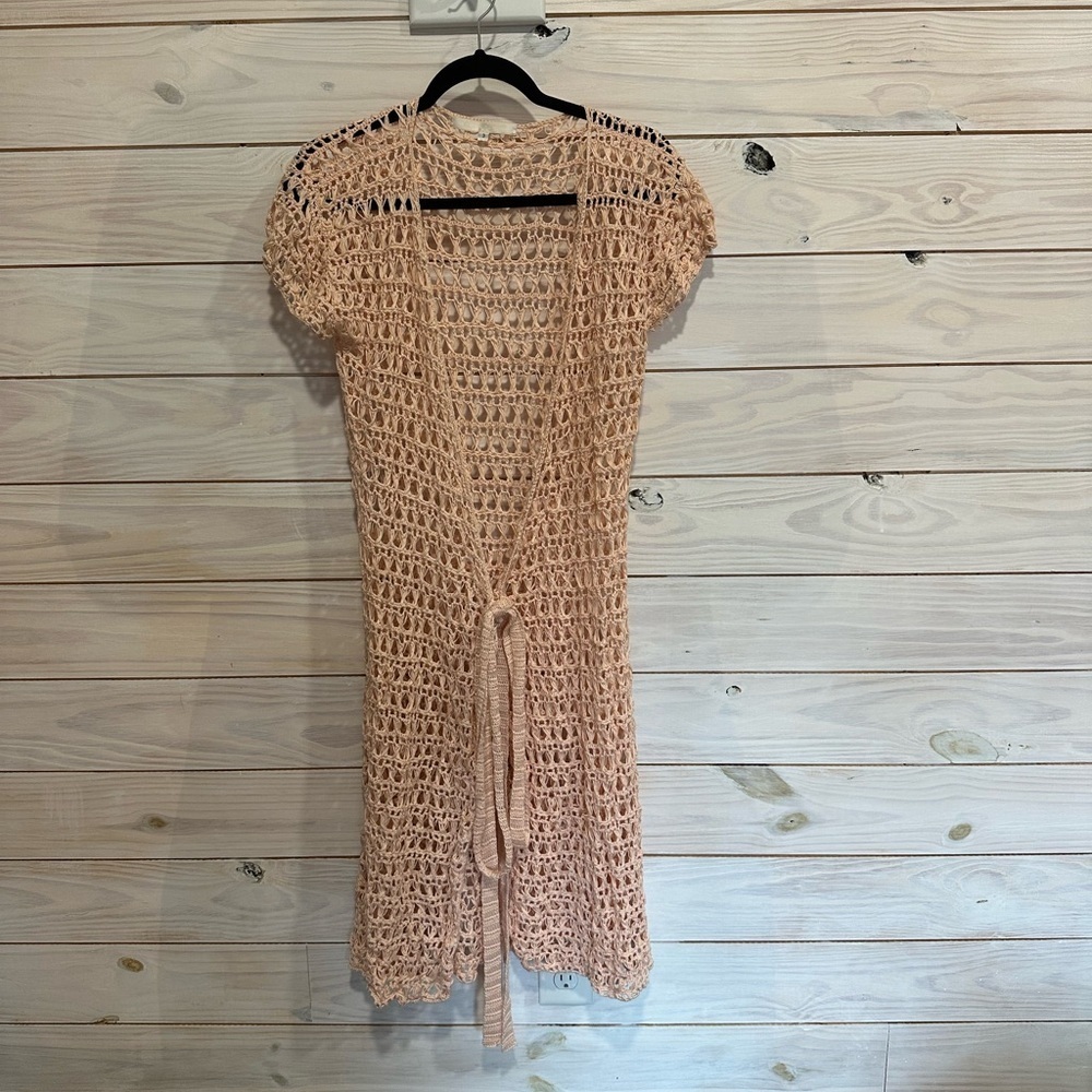 Chic Open-Knit Crochet Duster in Soft Peach